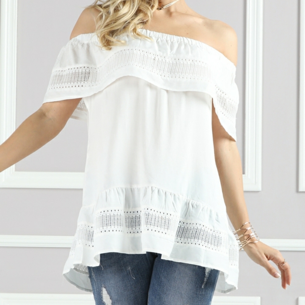 White Ruffle-Neck Crochet-Trim Off-Shoulder Tunic